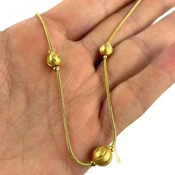 Gold Beaded Rope Necklace Trio Ball Metal Tone Jewelry 16" - Picture 7 of 10